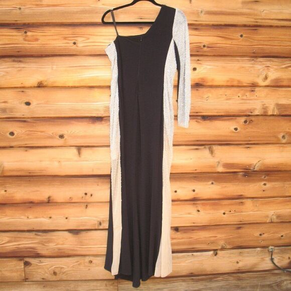 Xscape "DORTHEY"  LONG CAVIAR BEADED JERSEY KNIT ONE SHOULDER LONG SLEEVE DRESS - Picture 9 of 13